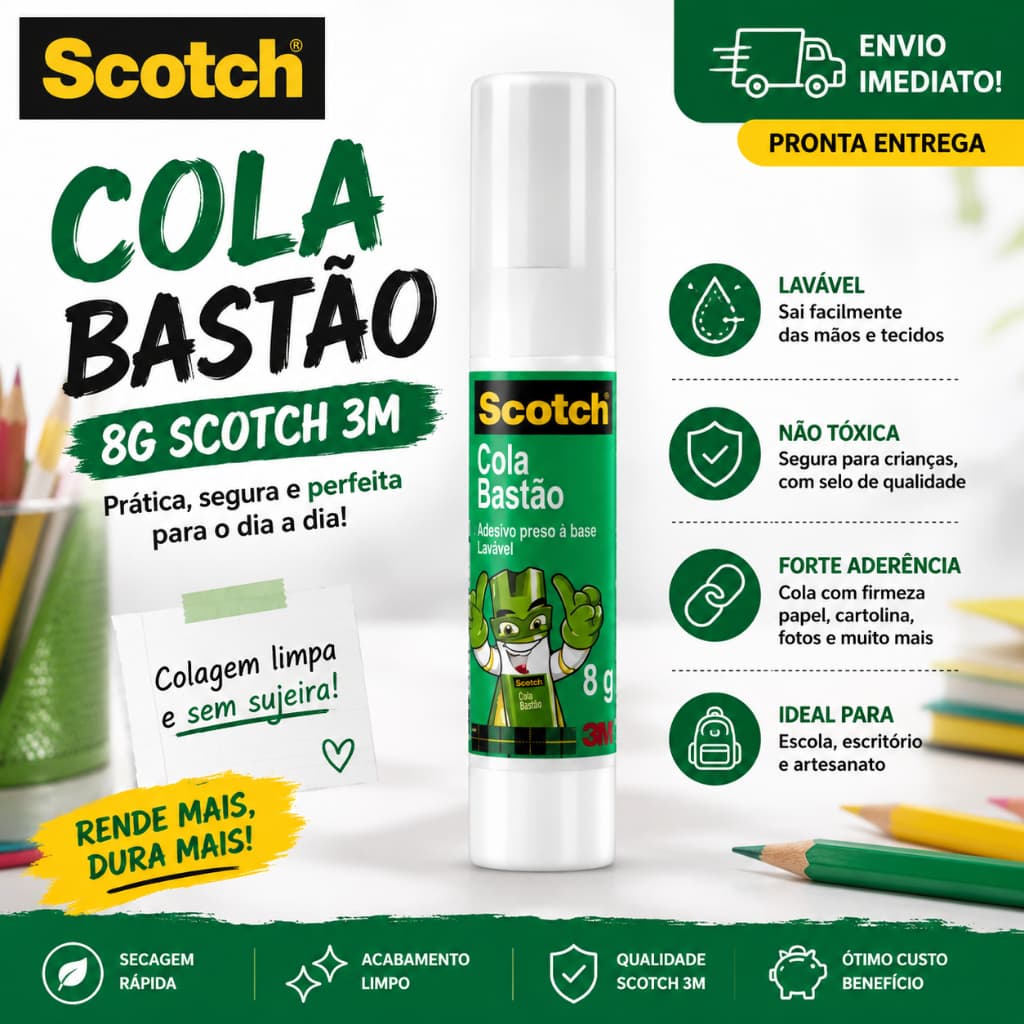 Cola Bastão 8g Scotch 3M Lavável Não Tóxica Escolar Papel Artesanato Escritório