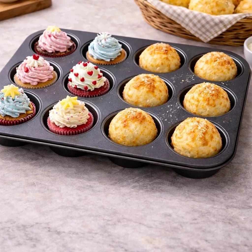 Forma Aco Carbono 12 Cavidades Cupcake Pao Queijo Forno Antiaderente Confeitaria Resistente Assar