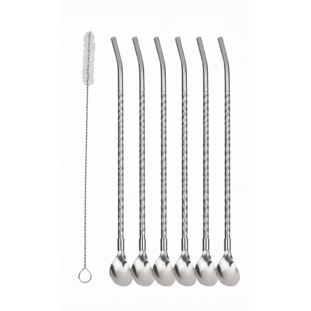 Kit Canudo de Inox com Colher  7 Peças com Escova para Limpeza  22cm