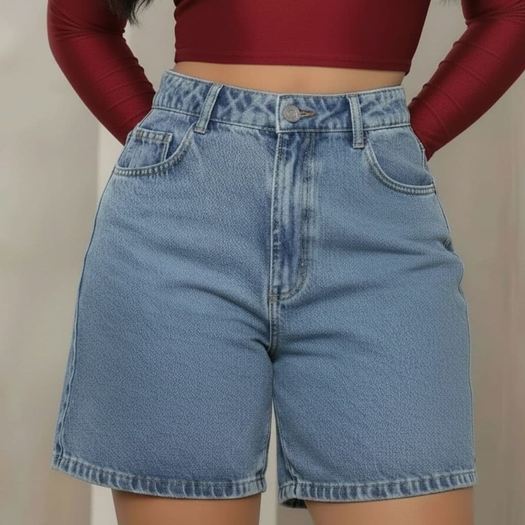 Bermuda Feminina Mom Jeans Cintura Alta Lavagem Clara Estonada Bolsos Funcionais Premium