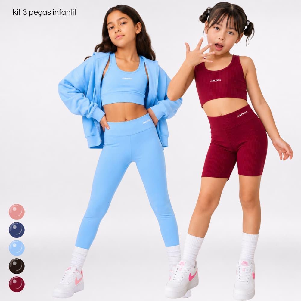KIT Infantil 3 PEÇAS- Top, Legg, Short, Gisnastica, Corrida, Esportes, Menina, Do 06 ao 12, Suplex