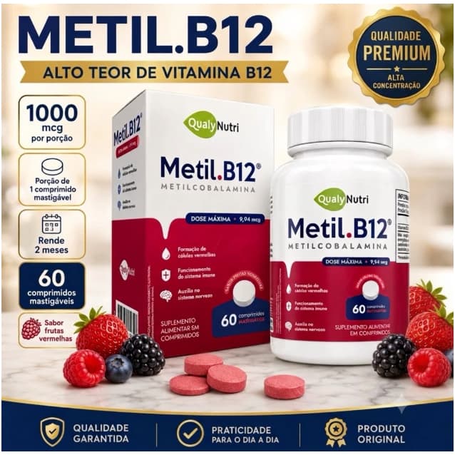 Vitamina B12 Metilcobalamina 1000mcg 60 Comprimidos Mastigáveis ​​Sabor Frutas Vermelhas