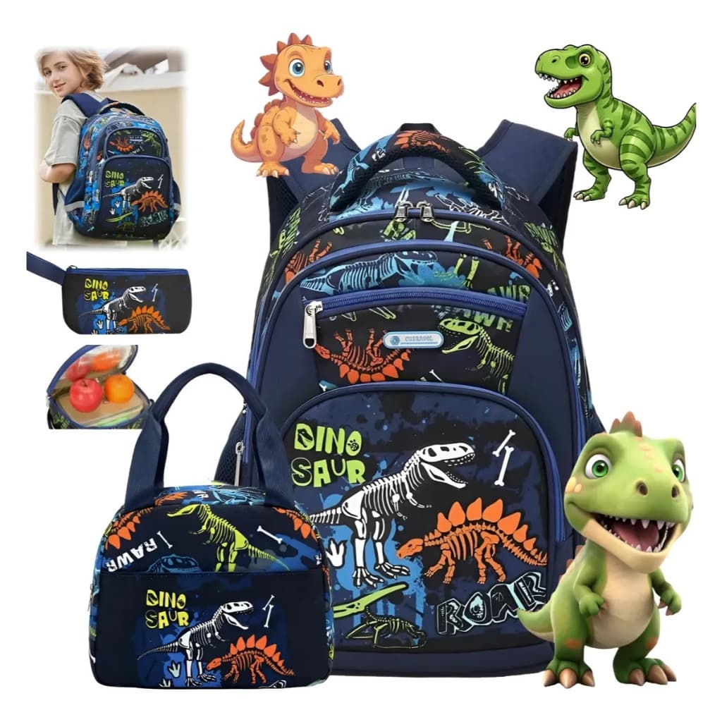 Kit Mochila Escolar Menino Dinossauro 3 Peças Lancheira Térmica Estojo Duplo Impermeável Grande Infantil com Completo Di