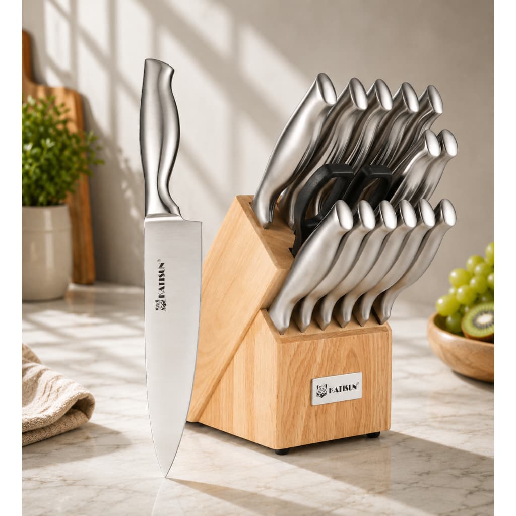 Conjunto De Facas Cozinha 15 Pçs Com Suporte e Afiação Profissional Para Chef Aço Inoxidável