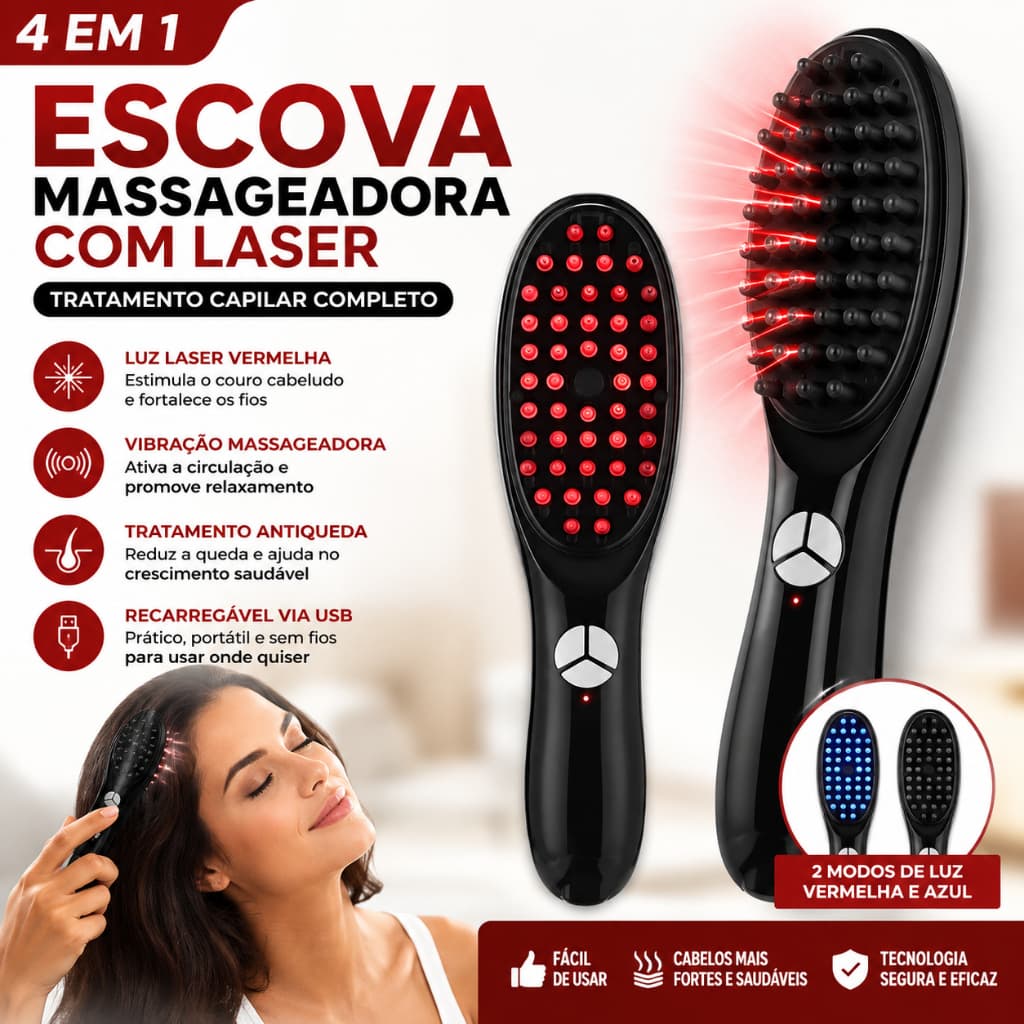 Escova Massageadora com Laser 4 em 1com Luzes LED Vibração e Nano Atomizador Sem Fio USB Cuidado para Couro Cabeludo