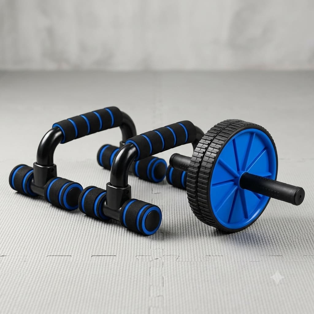Roda Abdominal Dupla e Apoios para Flexão de Braço Kit Fitness Treino Exercícios Academia Em Casa