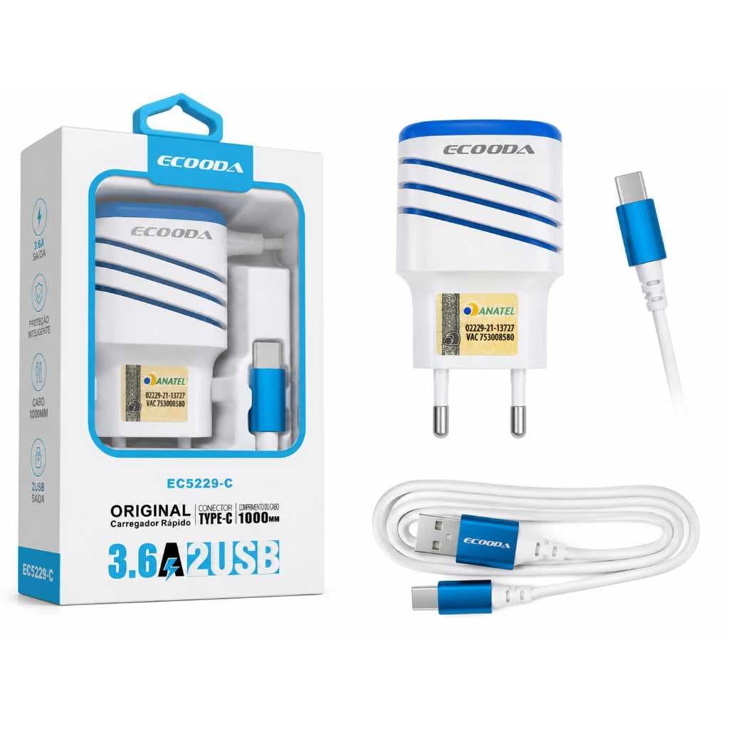 Carregador Turbo de Celular Ultra Rapido 3.6A com 2 Portas USB  Tipo C