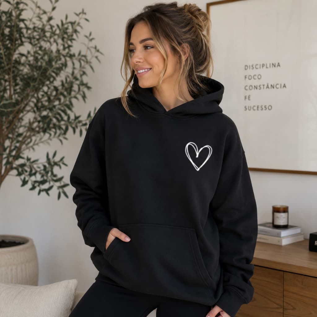 Blusa de Frio Moletom Feminina Coração no Peito Unissex com Capuz e Bolso Canguru