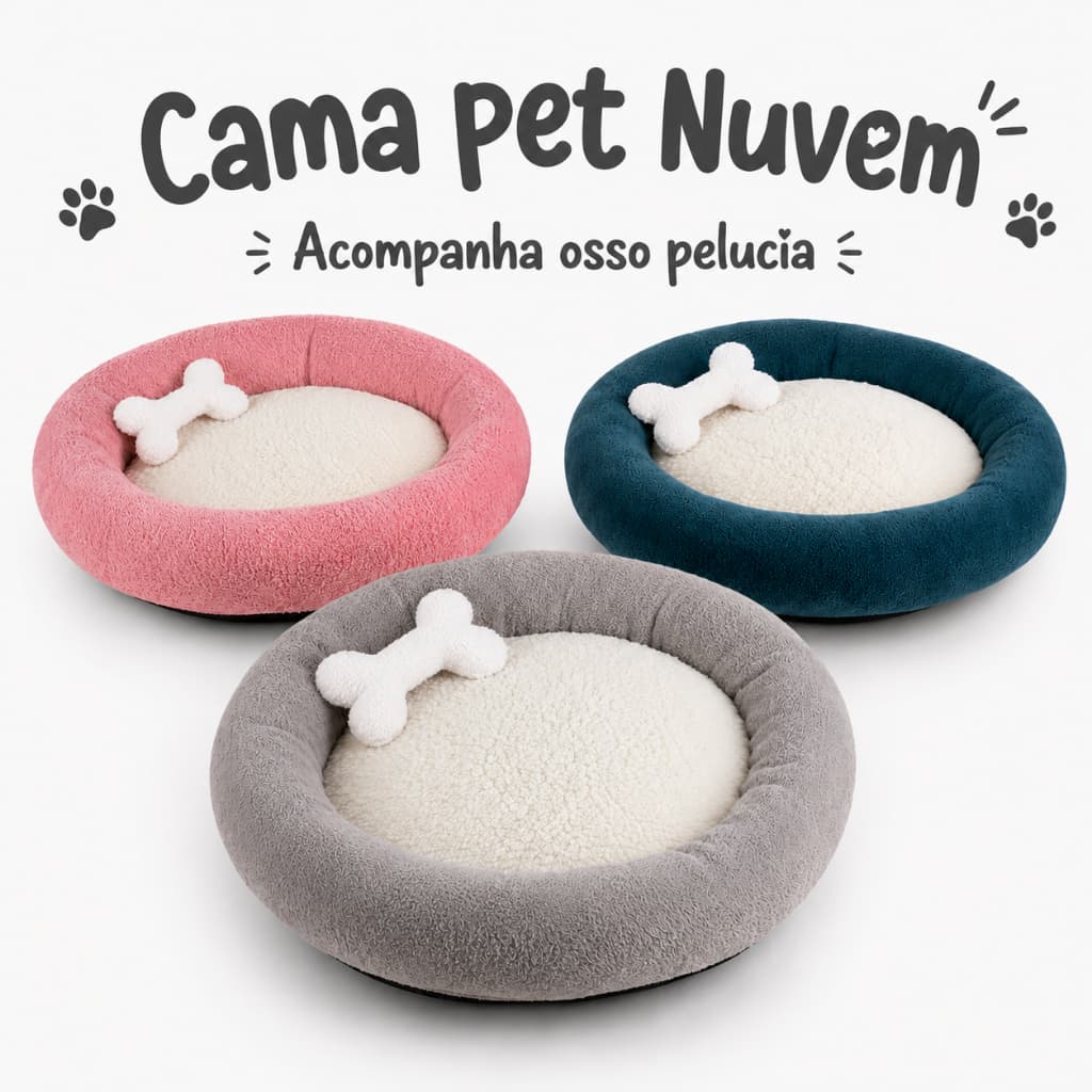 Cama Pet Nuvem Cachorro Gato Sherpa Macia Antialérgica Almofada Removível + Ossinho Pelúcia Pet