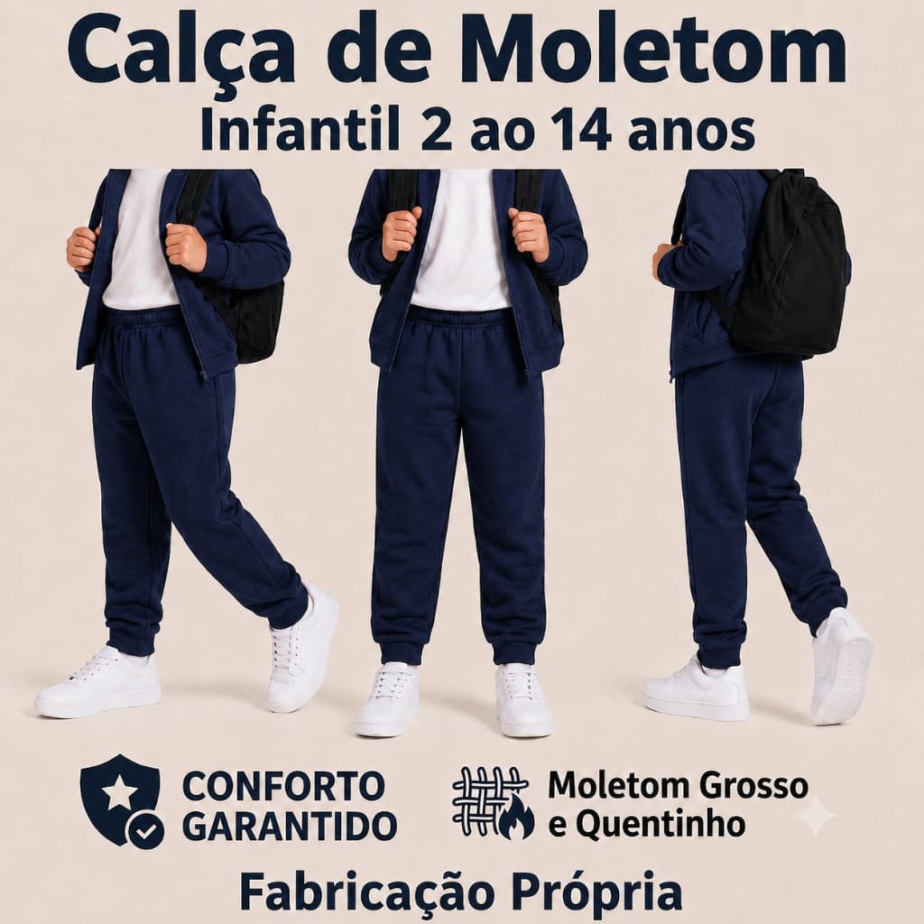 Calça de Moletom Infantil Azul Marinho Felpudo para Inverno Escolar