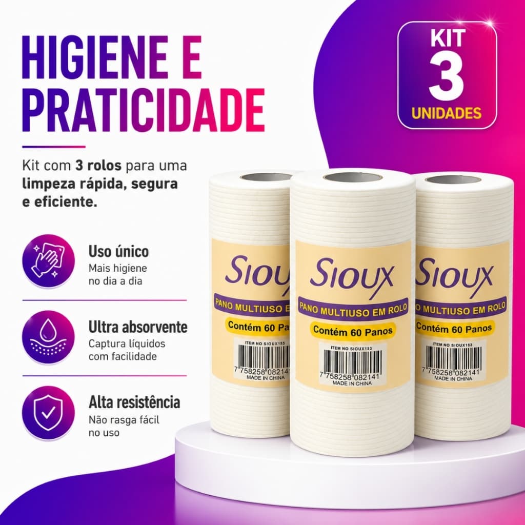 Kit 3x Lenço Descartável Multiuso Sioux 60 Unidades Profissional Limpeza Manicure Estética Salão