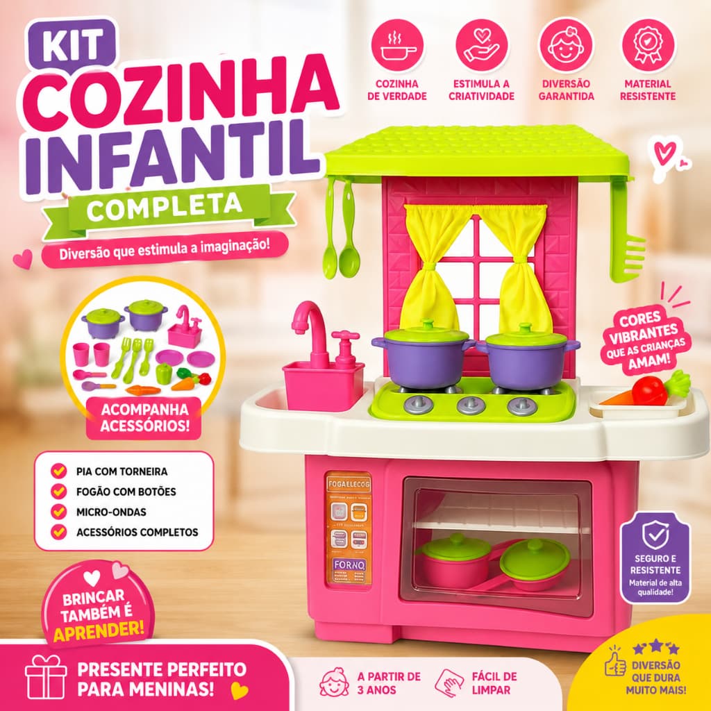 Kit Cozinha Infantil Faz De Conta Educativo Mini Fogao Pia Microondas Brinquedo Completo Acessorios