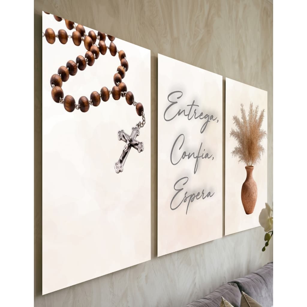 Kit Quadro Decorativo 3 Peças Terço Crucifixo Religioso Fé Sala Estar Quarto Decoração