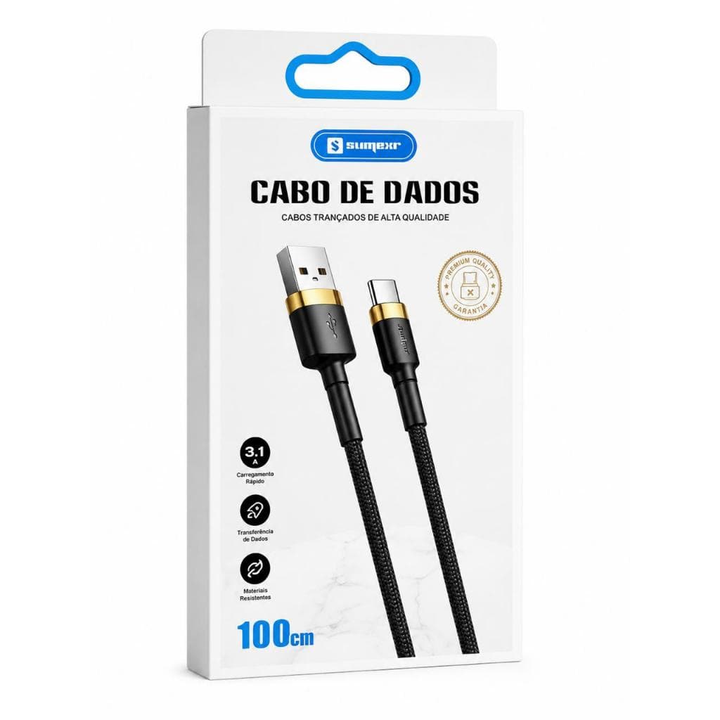 Cabo USB Tipo C Sumexr 3.1A Carregamento Rápido 100cm Trançado Reforçado