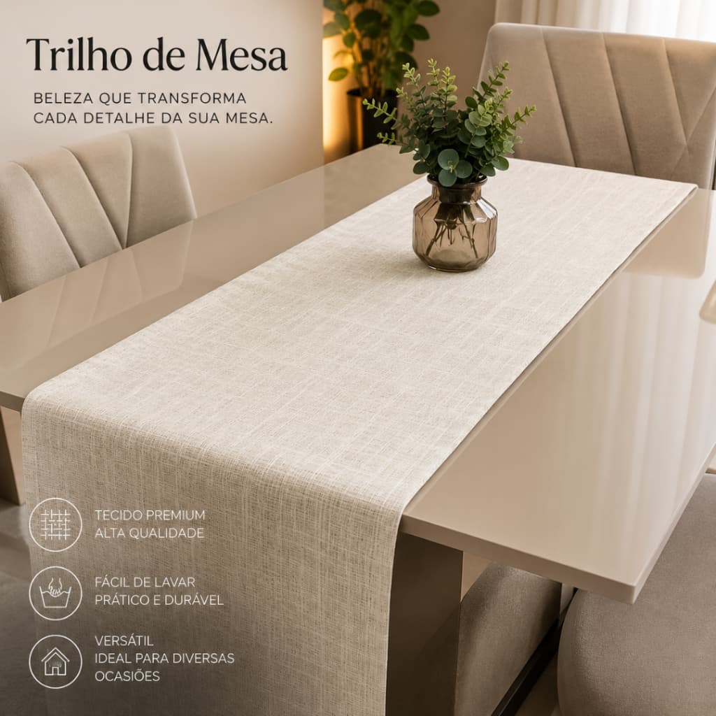 TRILHO PASSADEIRA DE MESA EM LINHO PREMIUM BAINHA LARGA 4 E 6 LUGARES
