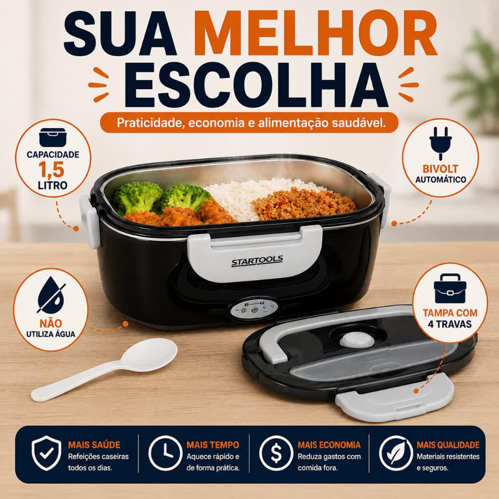 Marmiteira Elétrica Térmica Bivolt 1,5L Portátil Aquece Comida 60W Com Colher