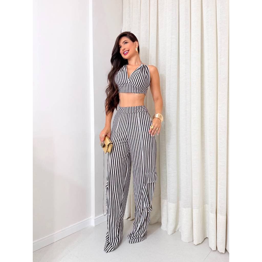 CONJUNTO CALÇA CARGO WIDE LEG + CROPPED CREPE FORRADO LISTRADO SUMMER ELEGANTE