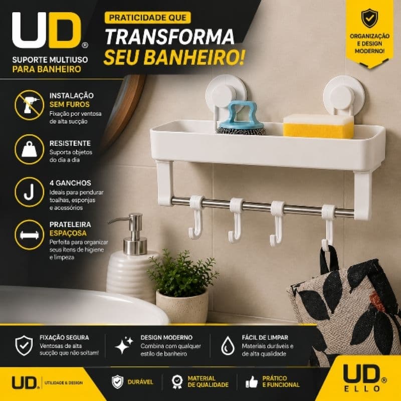Suporte Multiuso Banheiro Sem Furar Com Ventosa Prateleira Organizadora 4 Ganchos Porta Shampoo Cozinha Lavanderia