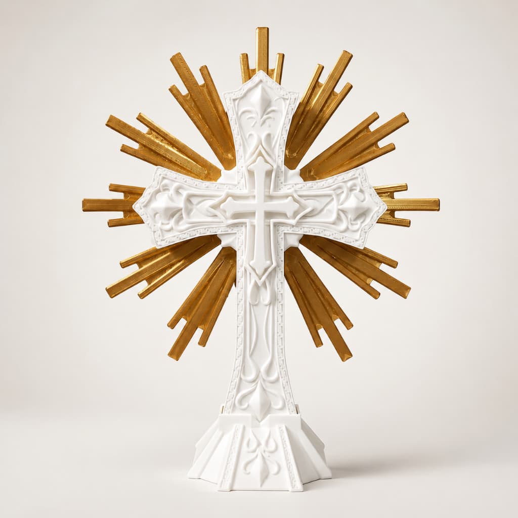 Crucifixo de Mesa Cruz Branca E Dourada Detalhada Enfeite Religioso