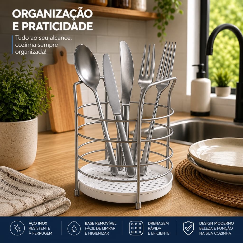 Porta Talheres Aramado Fundo Plástico Branco Stolf Cozinha Organizador Escorredor Moderno Pia