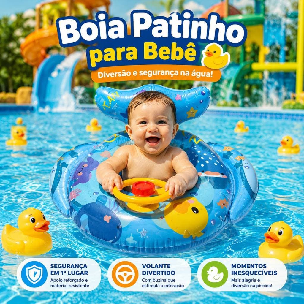 Boia Bote Patinho com Volante Inflavel Para Bebe Piscina/Praia. Diversao Garantida