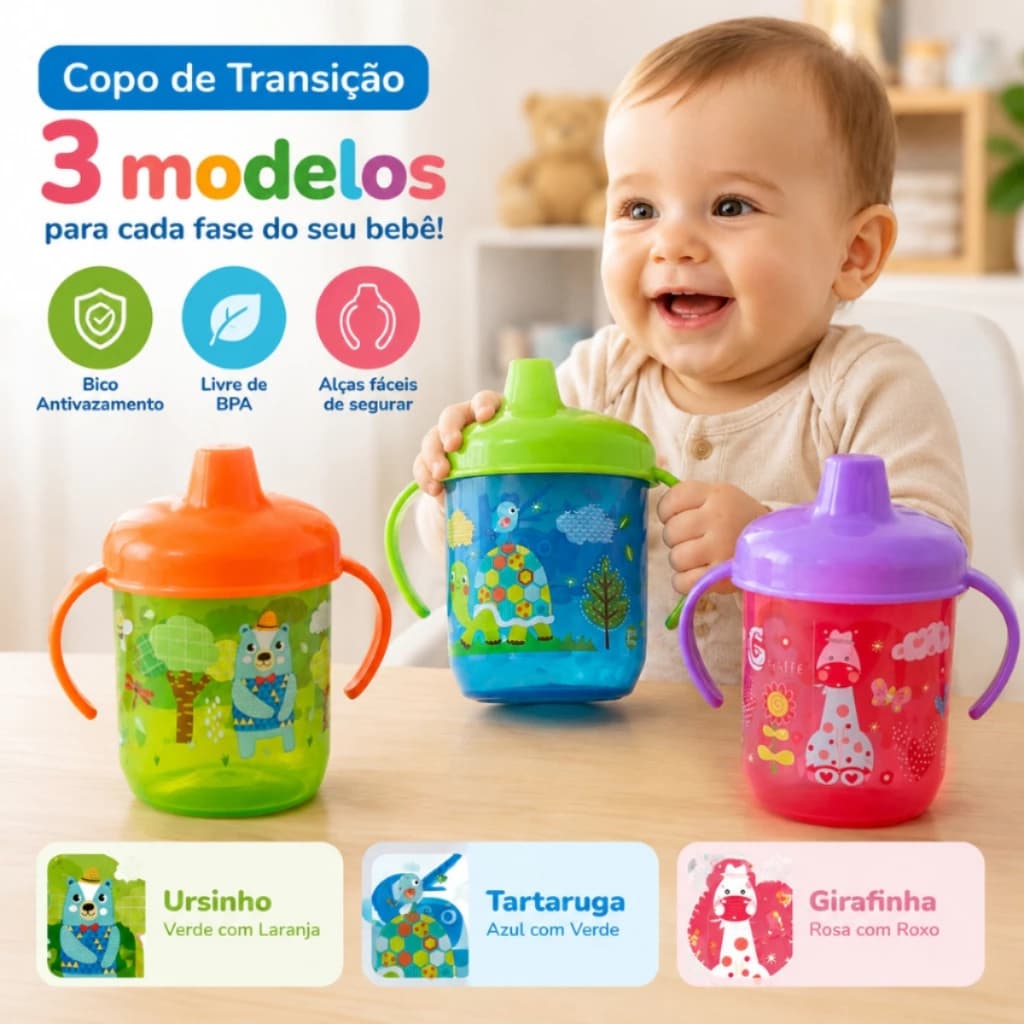 Copo de Treinamento Infantil Com Bico e Alça Canudo Transição Para Bebês 240ml BPA Free Antivazamento