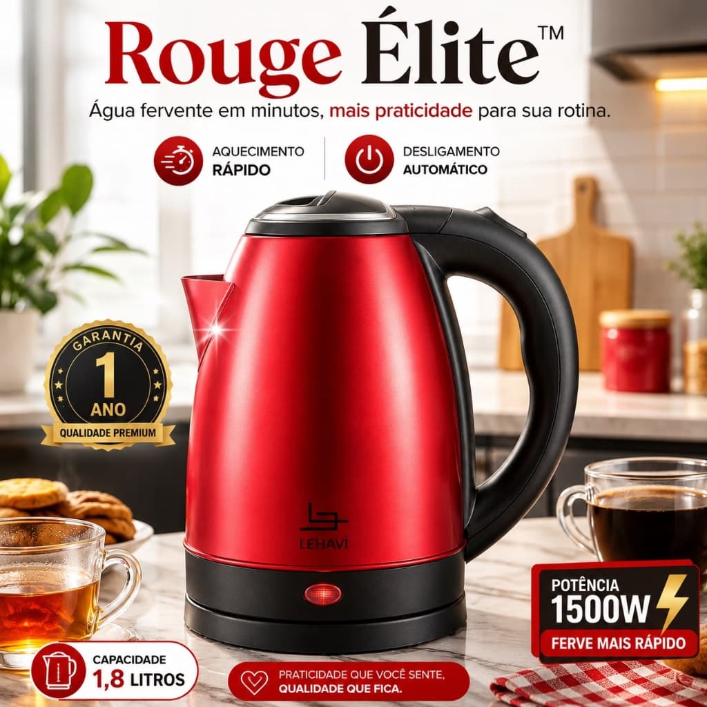 Chaleira Elétrica Inox Vermelha  1,8L Desligamento Automático Aquecimento Rápido 127V