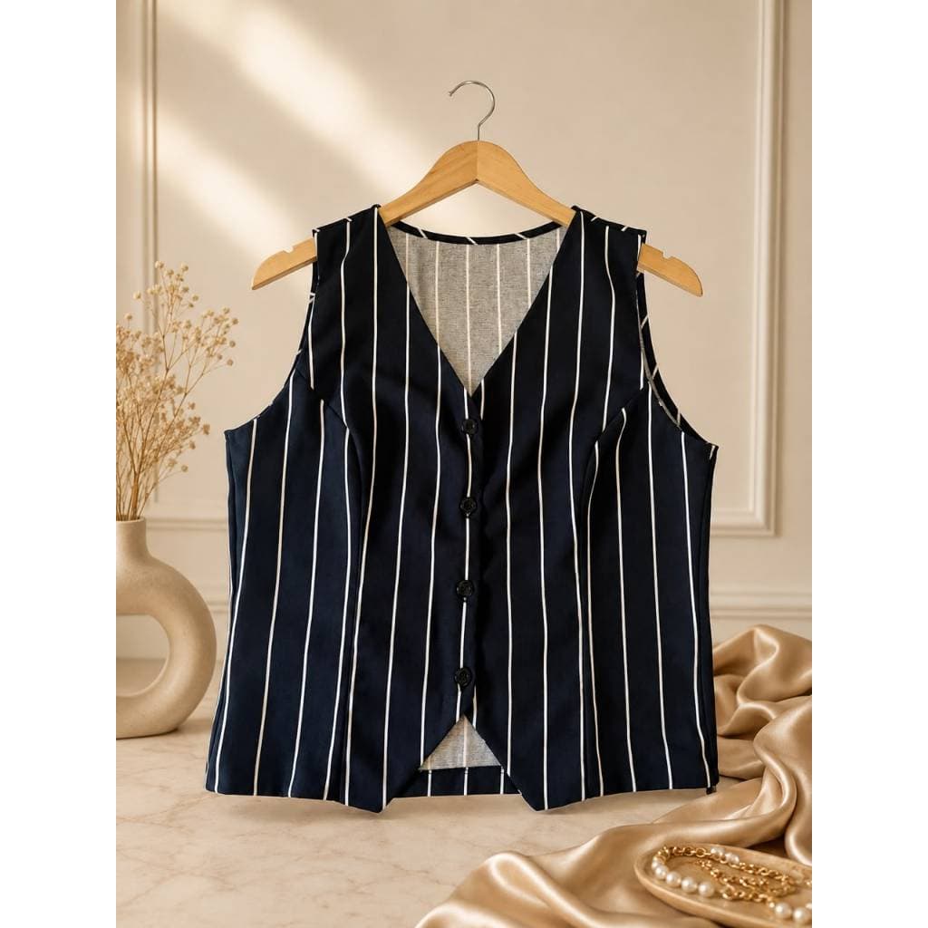 Colete Feminino Listrado Branco com Azul Sem Manga Botões Frontais Casual Elegante Social**