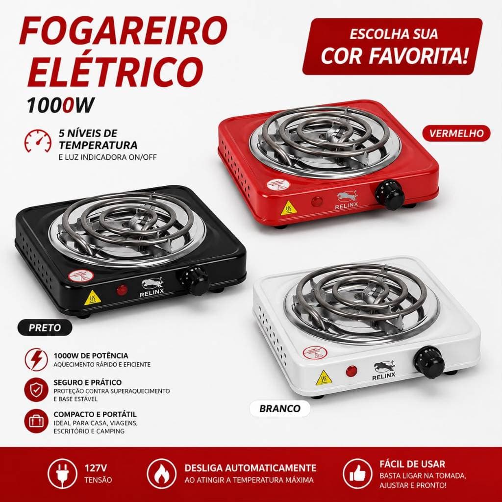 Fogão Elétrico 1 Boca  1000w Portátil Fogareiro 110v  Preto Vermelho e  Branco