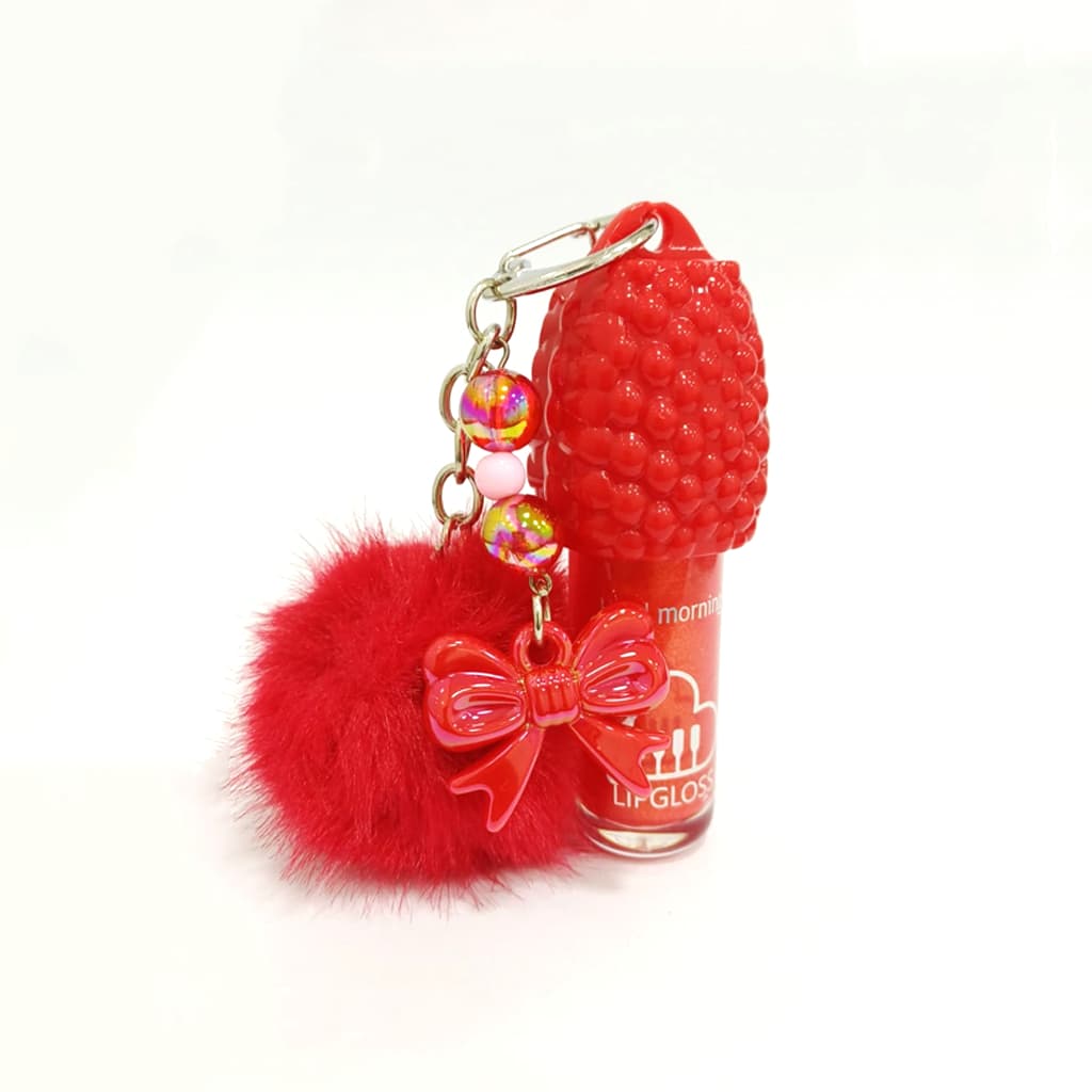 Lip Gloss Labial De Morango Com Chaveiro De Pompom Brilho