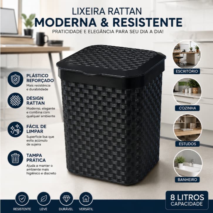 Lixeira Moderna Rattan 5 Litros Resistente para Pia e Escritório- Arqplast