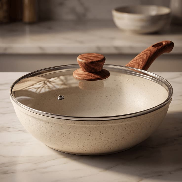 Frigideira Wok Antiaderente Nanoceramica Granito Tampa Vidro 28cm Verde Creme Preta