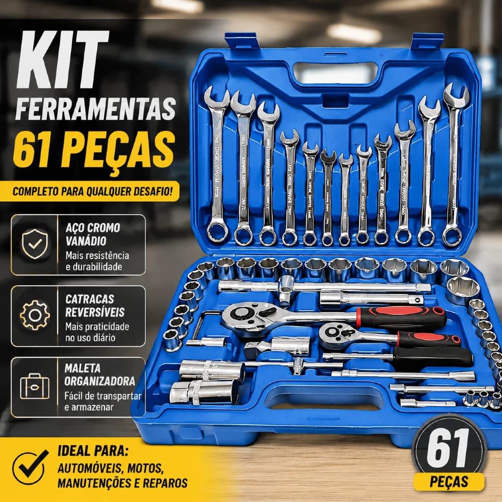 Kit  61 Peças de Ferramentas profissional jogo chave combinada soquetes e catraca grande