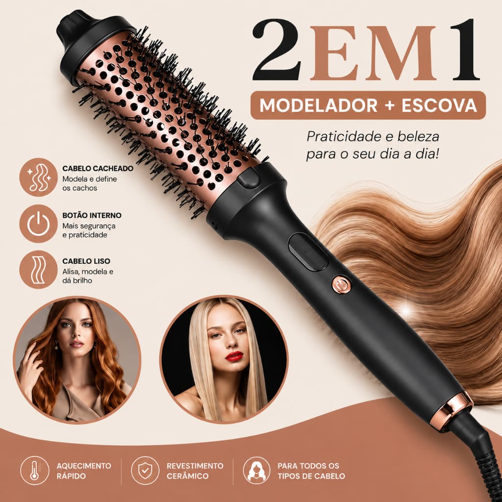 Escova Alisadora Modeladora 2 em 1 Alisa e Modela 38mm Íons Negativos Bivolt LCD Cabelo Profissional