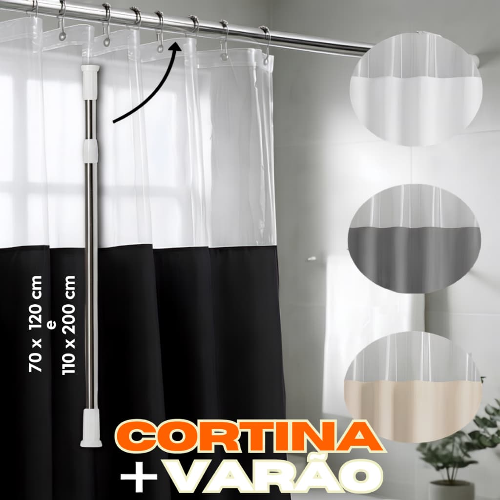 Cortina Box em PVC Para Banheiro Anti Mofo Com Ganchos + Varão Extensível Suporte de Cortina 70-120cm e 110-200cm
