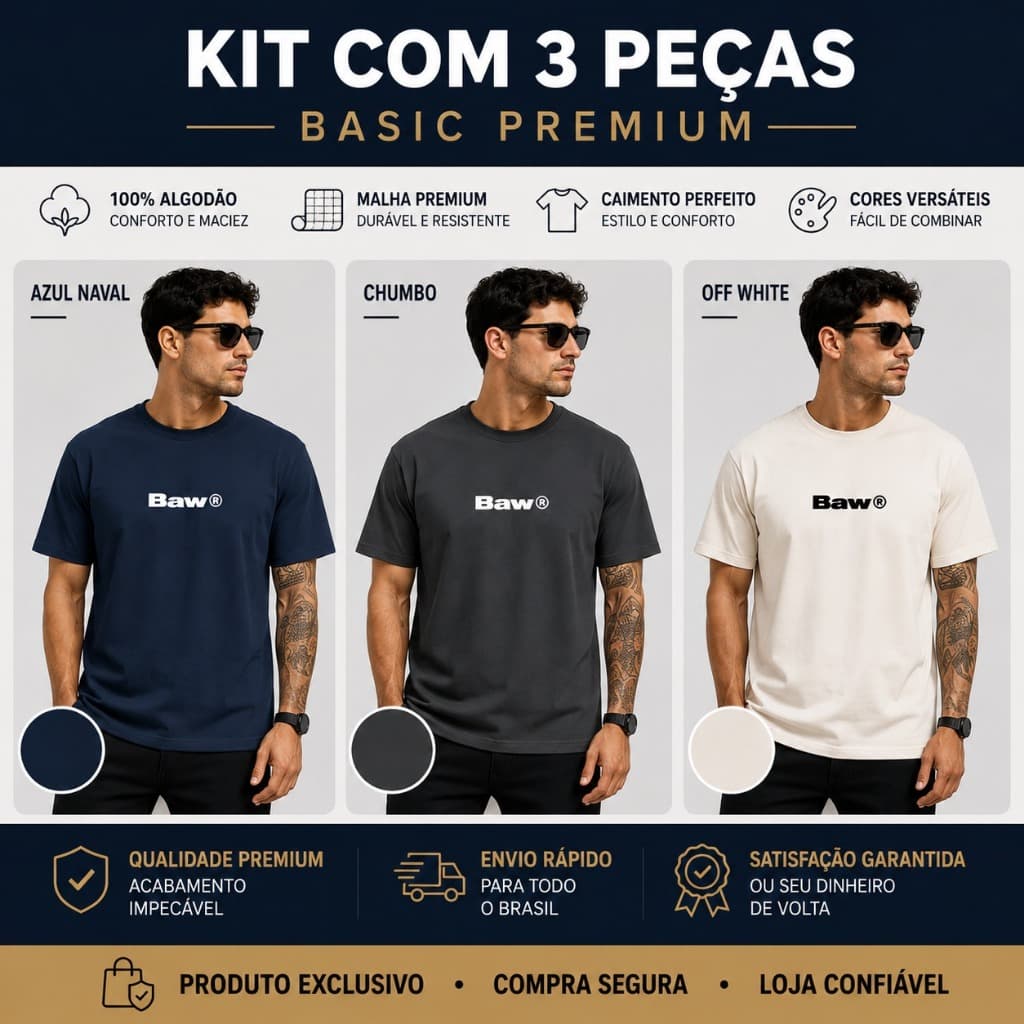 Kit 3 Camisetas Basic Baw Premium 30.1 100% Algodão