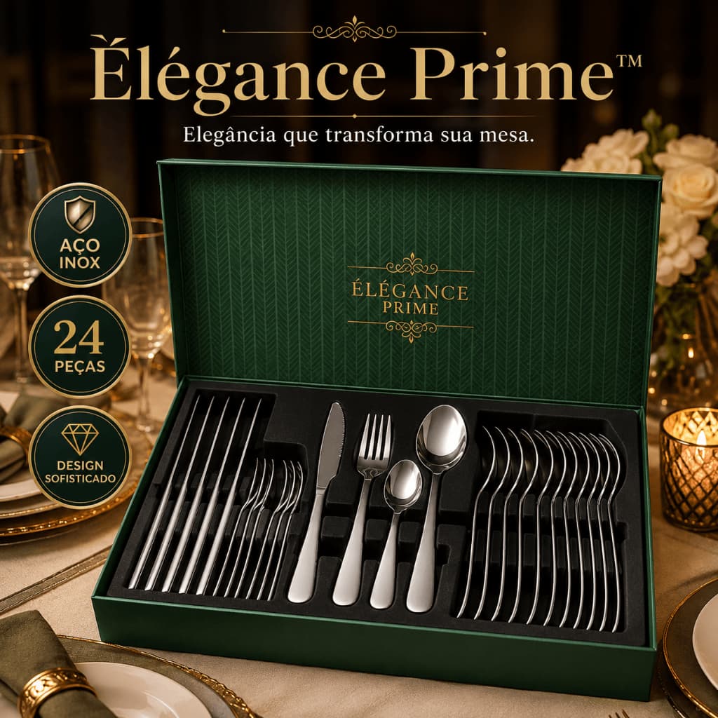 Conjunto de Talheres 24 Peças Aço Inox Élégance Prime Faqueiro Completo Mesa Posta 6 Pessoas