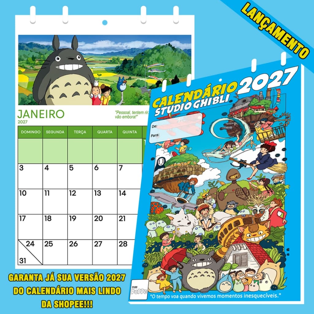 Calendário Studio Ghibli 2027 A4 parede – Totoro, Chihiro, Kiki | Presente Geek Anime