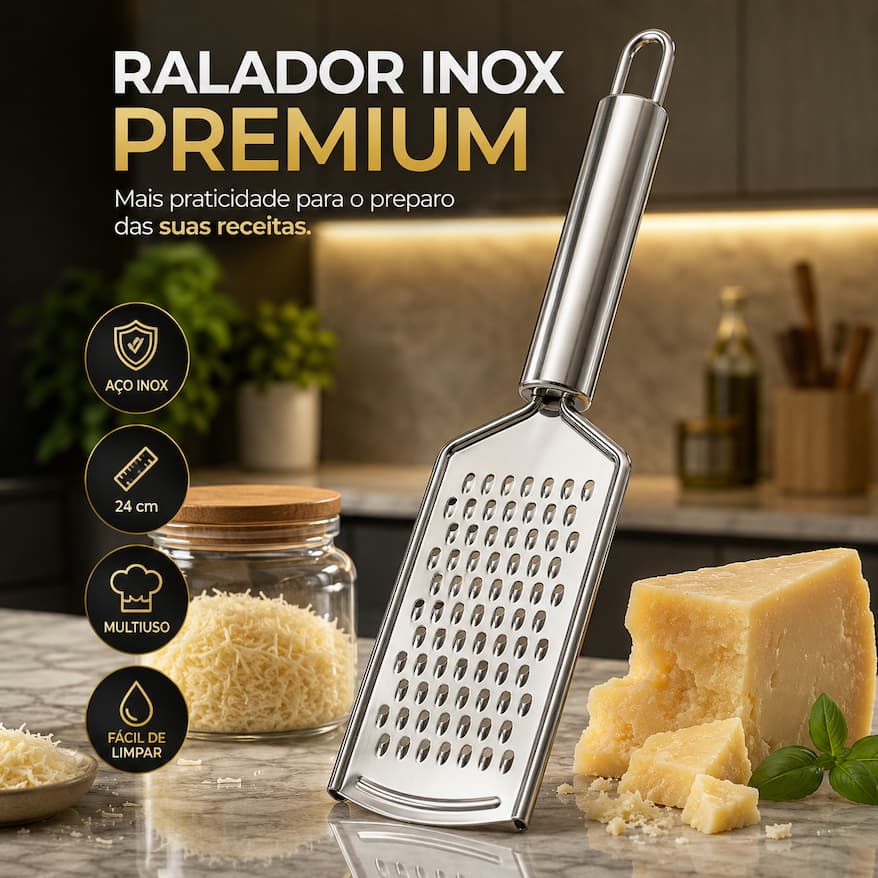 Ralador Inox 24cm Multiuso Premium para Queijo, Legumes, Frutas, Chocolate e Temperos