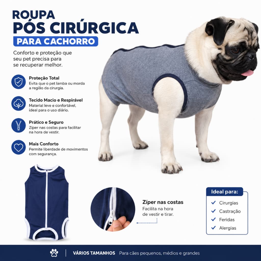 Roupa Pós Cirúrgica para Cachorro Com Zíper Fêmea Macho Castração