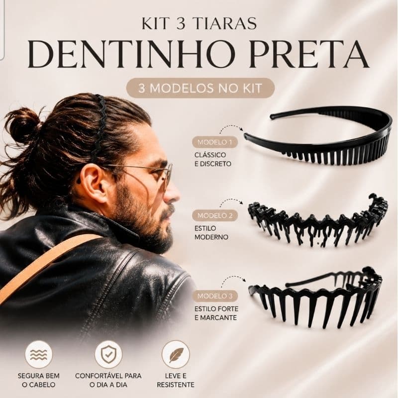 Kit Tiara Cabelo Unissex Preta Pente Masculina ou Feminina Moda Acessórios