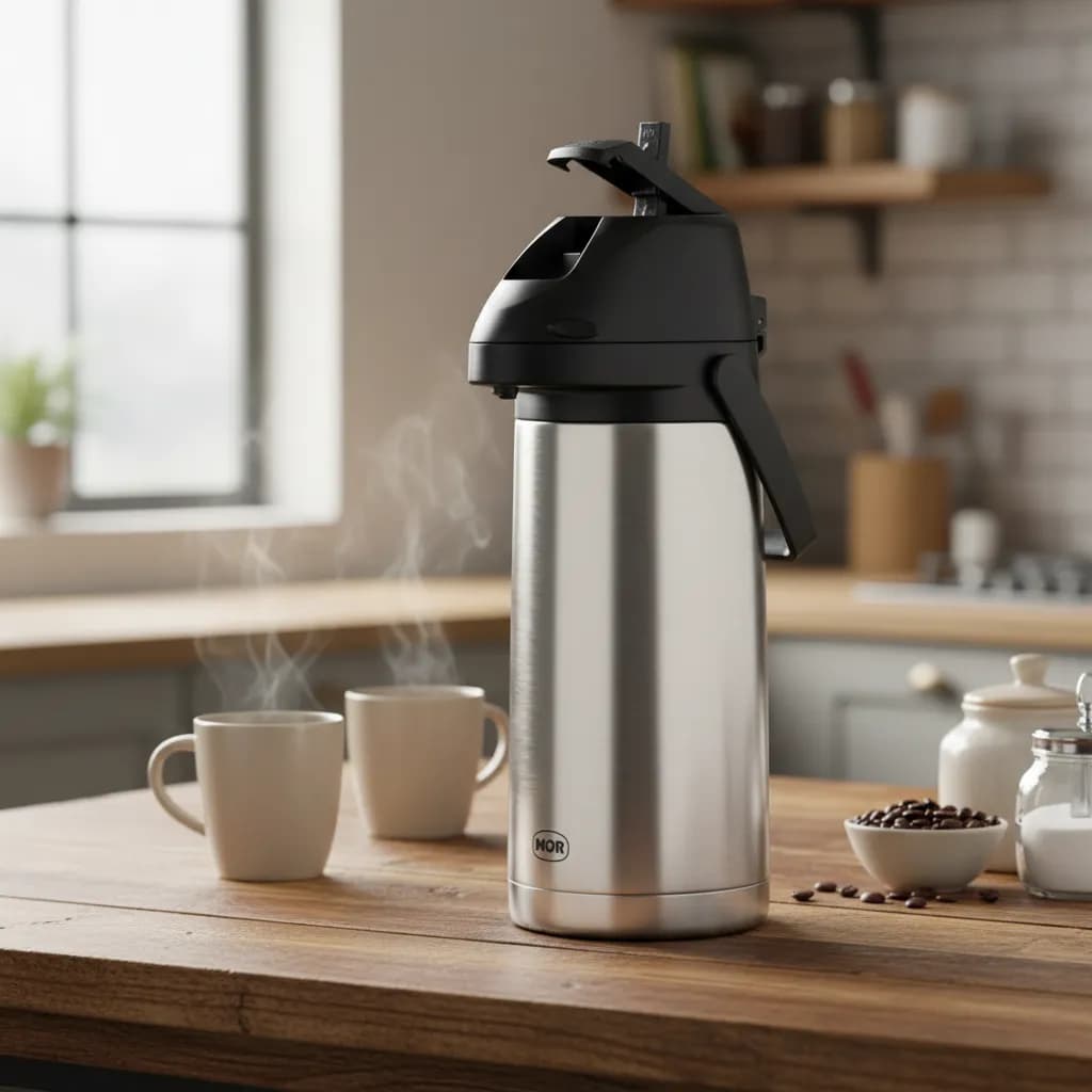 Garrafa Térmica Inox 1,9 Litros Mor Airpot Com Alavanca Inquebrável Café Chá Grande Para Escritório E Restaurante