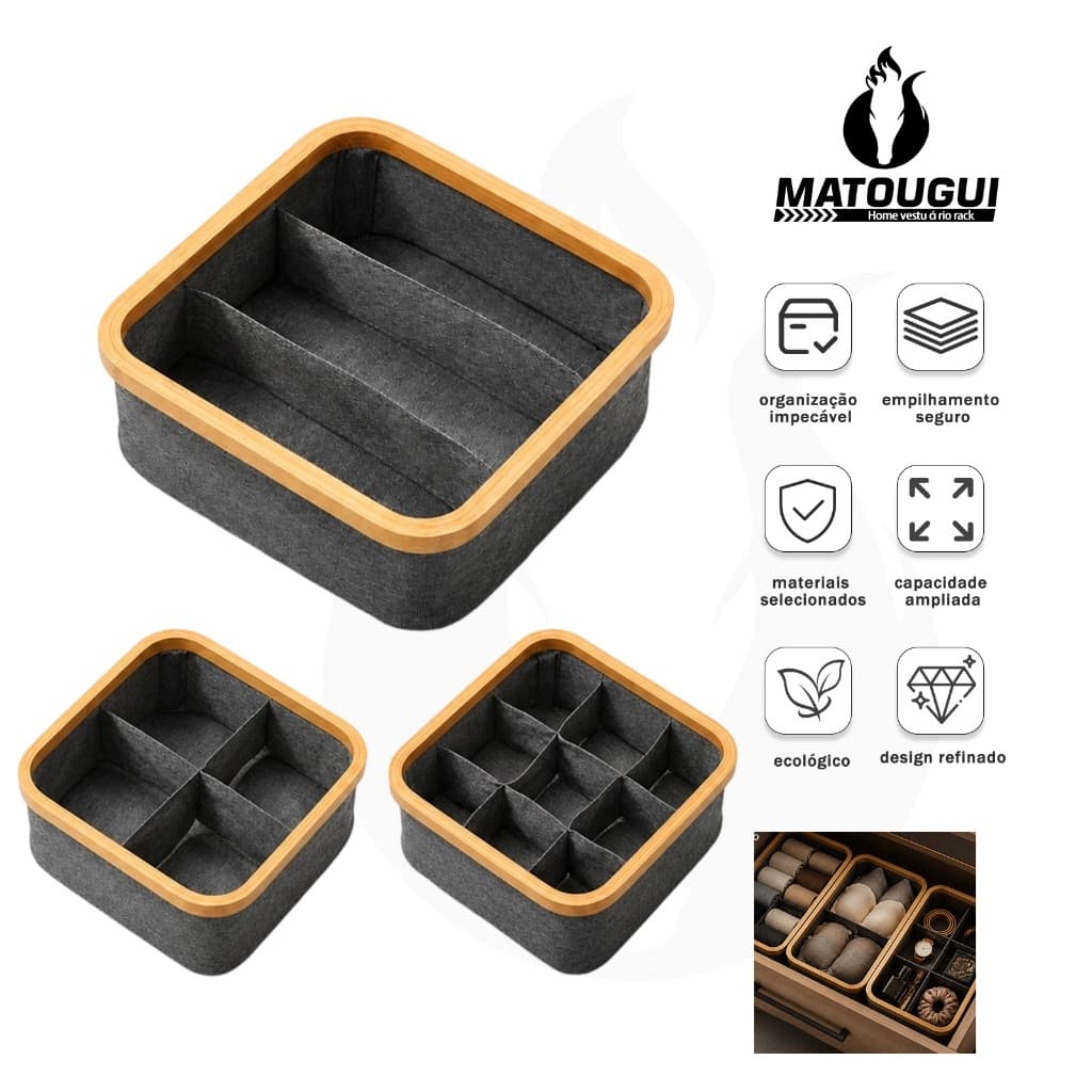 MTG Kit Caixa Organizadora Gaveta Borda Bambu Oxford Cinza 30x30,7,5cm Divisória Multiuso
