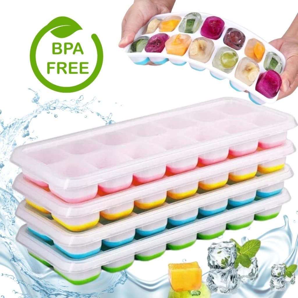 Kit 4 Formas De Gelo Com Tampa Silicone Flexível Easy-Push Multiuso Forminha 14 Cubos Cozinha