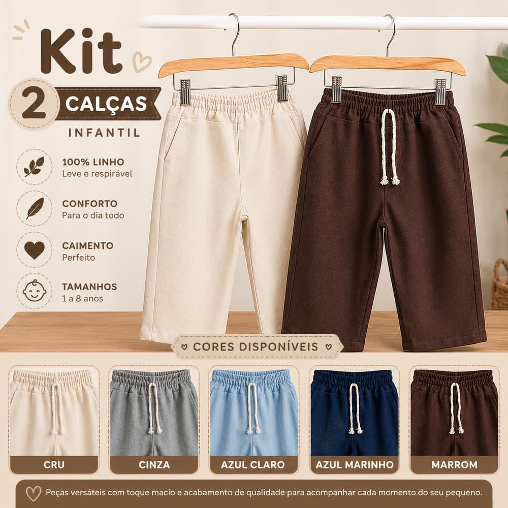 Kit 2 Calças de Linho Infantil menino – Tamanhos 1 a 4 Anos -roupa infantil menino - moda kids