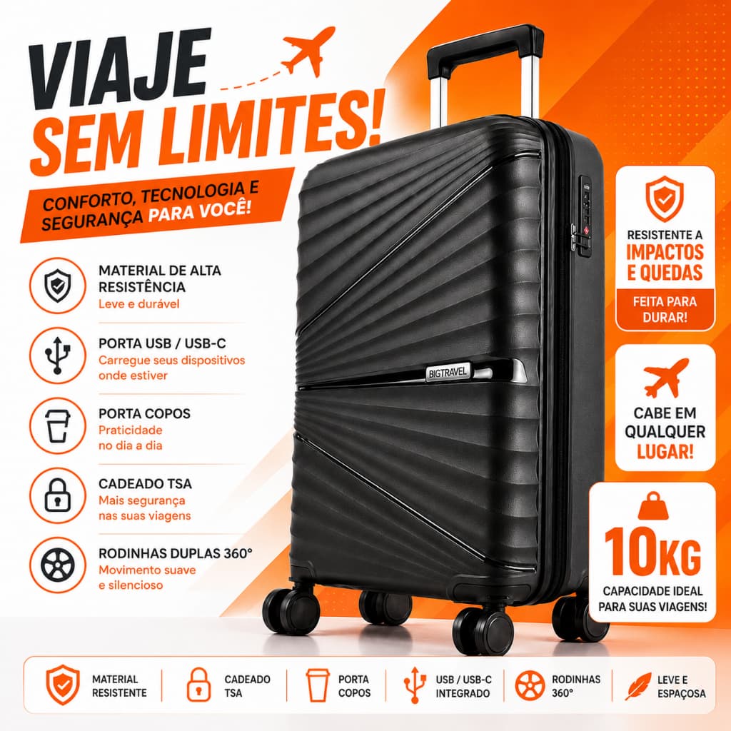 Mala de Viagem Bordo 10kg Polipropileno Padrão ANAC Rodas Duplas 360° Cadeado TSA Porta USB-C Porta-Copos