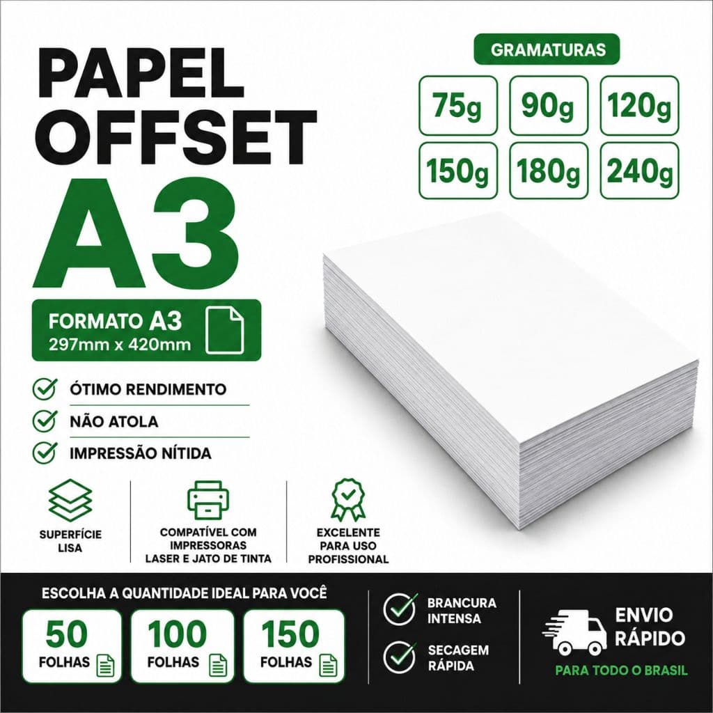 Papel Offset A3 Branco 75g 90g 120g 150g 180g 240g | 50,100 E 150 Folhas