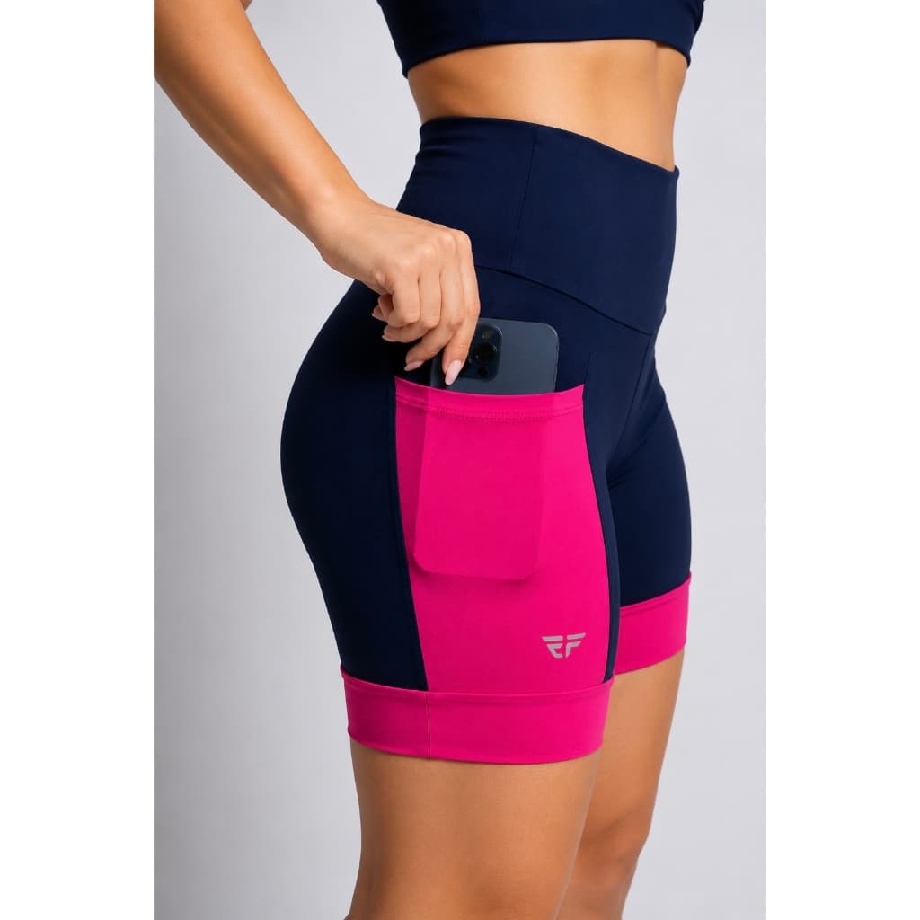 Shorts Corrida Com Bolsos Cós Alto e Punho Duplo Feminino