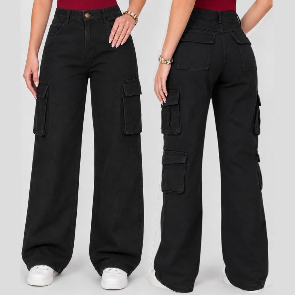 Calça Cargo Feminina Wide Leg Larga com Bolsos Laterais Oversized Cintura Baixa 100% Algodão