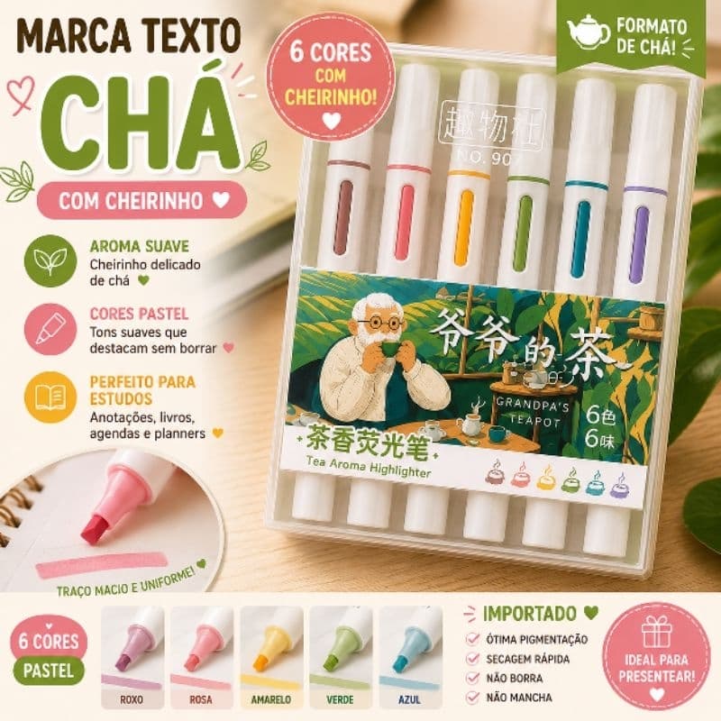 Kit Marca Texto Fofo  Kawaii 6 Cores cheirinho de Chá 6 Cores